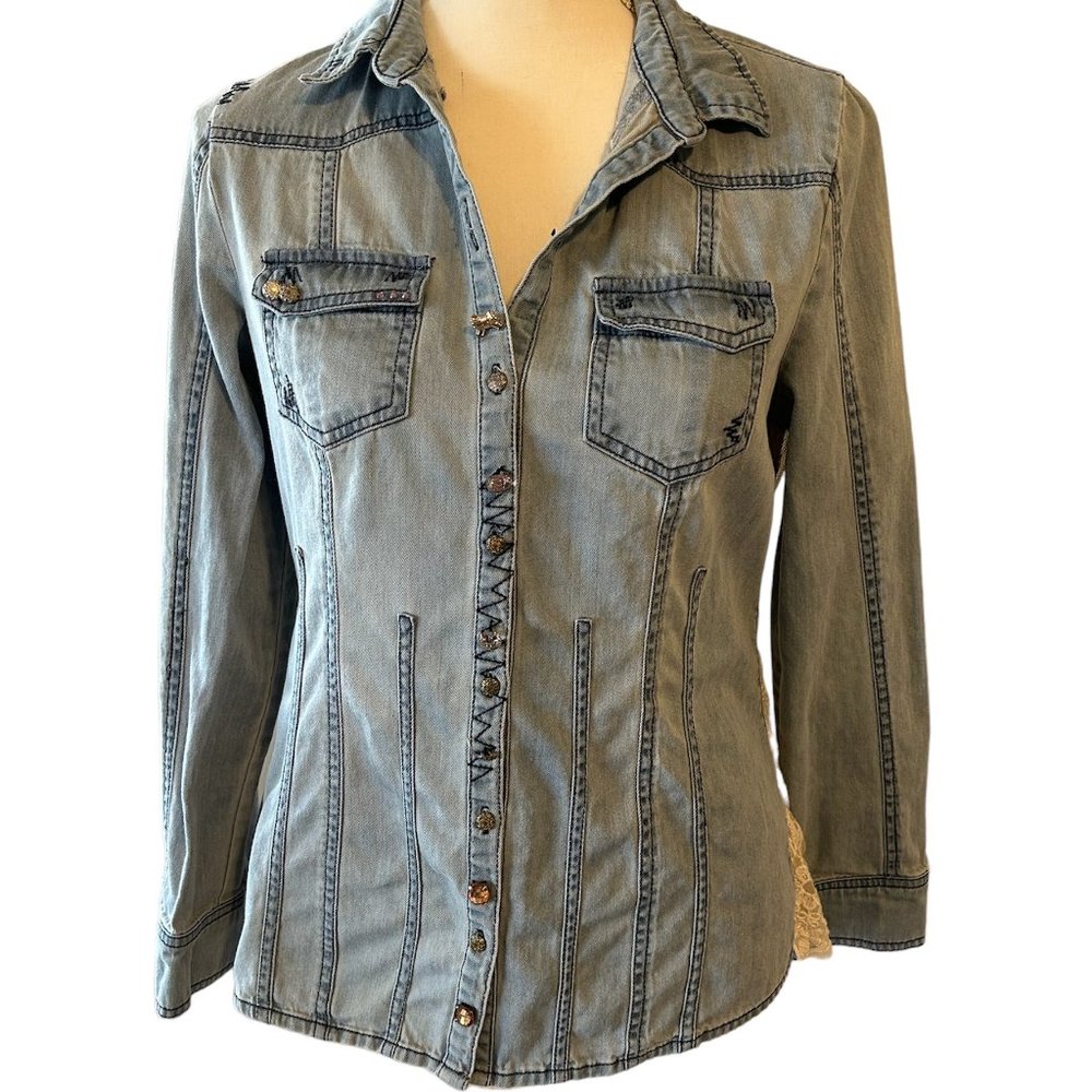 Janet Paris Detailed Lace Chambray Women's Shirt Size M